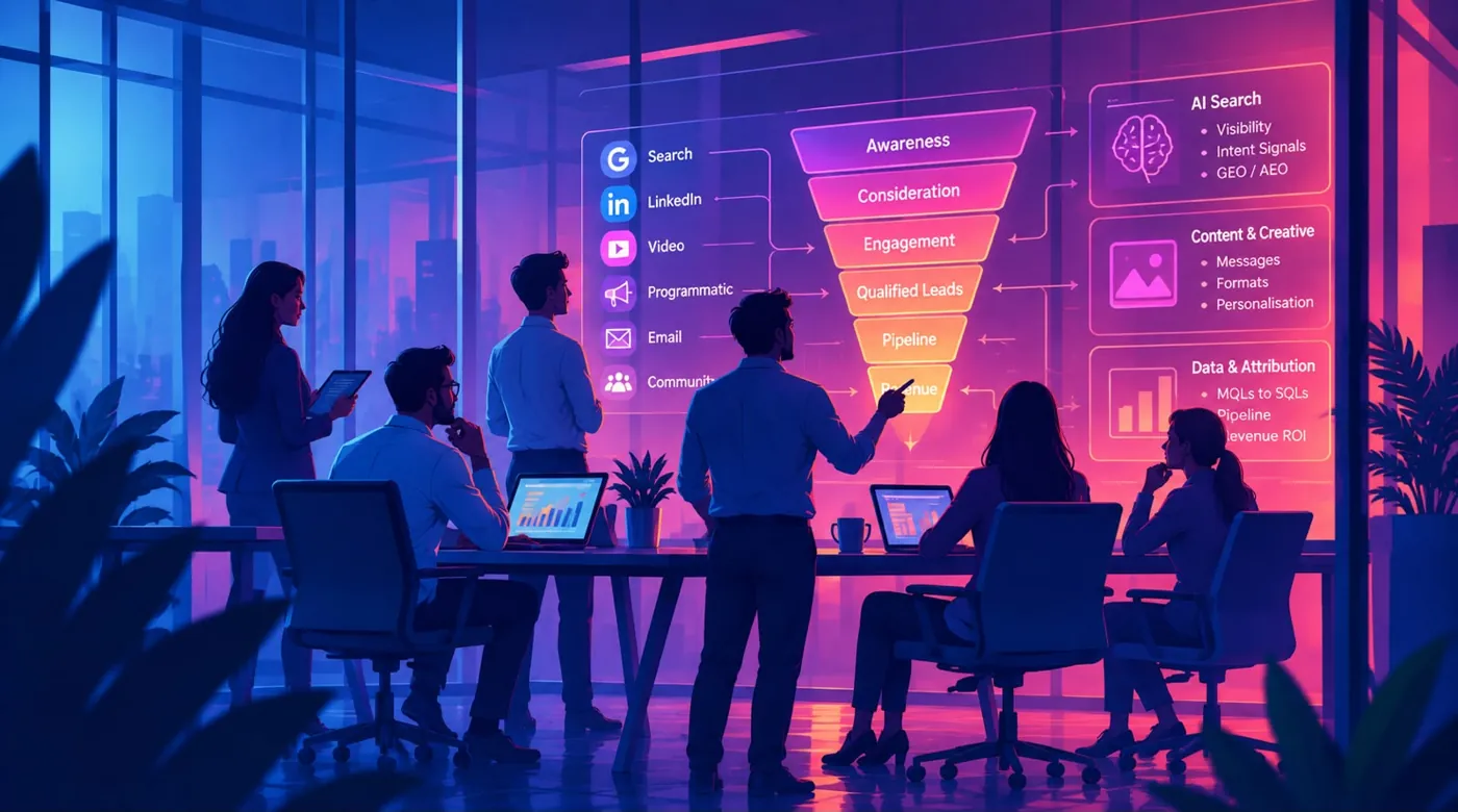 Team reviewing a full-funnel B2B performance plan