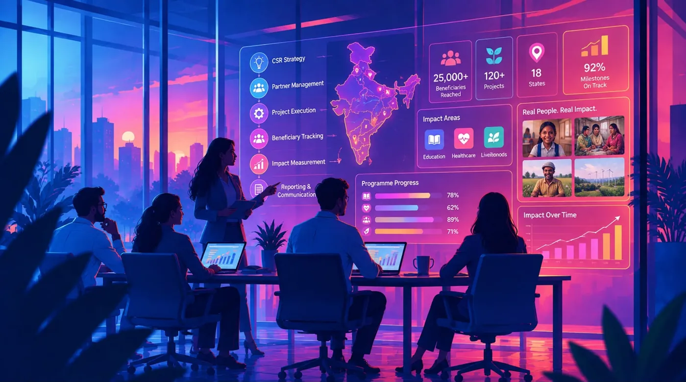 CSR team reviewing a digital impact dashboard